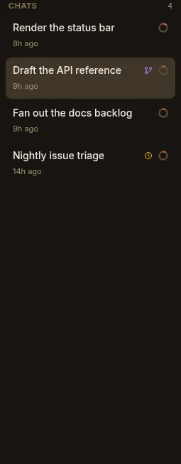 A project chat list where 'Draft the API reference' carries a spawned (branch) badge and 'Nightly issue triage' carries a scheduled (clock) badge, while two human chats carry none